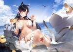  1girl absurdres animal_ears atago_(azur_lane) atago_(midsummer_march)_(azur_lane) azur_lane beach_umbrella bikini bird black_hair blue_sky breasts character_name choker cleavage cloud extra_ears flower gulu_qaq hair_flower hair_ornament halterneck highres large_breasts long_hair looking_at_viewer lotion manjuu_(azur_lane) mole mole_under_eye official_alternate_costume pink_flower pouring_onto_self ribbon sarong seagull side-tie_bikini sky smile solo starfish summer sunglasses sunscreen swimsuit swimwear turret umbrella white_bag white_bikini white_choker white_ribbon white_sarong white_swimsuit white_umbrella 