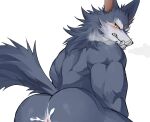  anthro anus biceps blush bodily_fluids butt canid canine canis chung0_0 cum fur genital_fluids league_of_legends male mammal multicolored_body multicolored_fur muscular muscular_anthro muscular_male nude riot_games solo teeth two_tone_body two_tone_fur video_games warwick_(lol) wolf 