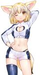  1girl ;3 alternate_costume animal_ear_fluff animal_ears arm_behind_head asymmetrical_legwear blonde_hair blue_legwear blue_shirt blue_shorts cleavage_cutout clothing_cutout commentary_request contrapposto crop_top eyebrows_visible_through_hair fennec_(kemono_friends) fox_ears fox_girl fox_tail hand_on_hip high_collar highres kemono_friends long_sleeves looking_at_viewer midriff one_eye_closed race_queen shirt short_hair short_shorts shorts simple_background single_thighhigh solo suicchonsuisui tail thighhighs two-tone_shirt two-tone_shorts white_background white_shirt white_shorts yellow_eyes zettai_ryouiki 