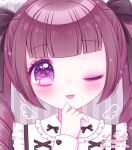  1girl ;p bangs black_bow black_dress blush bow brown_hair closed_mouth dress eyebrows_visible_through_hair hair_bow hand_up heart heart_in_eye highres himetsuki_luna long_hair long_sleeves looking_at_viewer one_eye_closed original puffy_long_sleeves puffy_sleeves purple_eyes ringlets signature sleeves_past_wrists smile solo striped striped_background symbol_in_eye tongue tongue_out twintails twitter_username vertical_stripes 