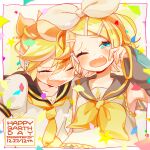  1boy 1girl anniversary aqua_eyes ascot bangs bare_shoulders bass_clef blonde_hair blush bow brother_and_sister closed_eyes confetti detached_sleeves fang hair_bow hair_ornament hairclip happy happy_birthday headphones headset heart highres kagamine_len kagamine_rin laughing necktie nokodaru_marin one_eye_closed open_mouth sailor_collar shirt short_sleeves siblings sleeveless sleeveless_shirt star_(symbol) swept_bangs tearing_up treble_clef twins vocaloid white_background yellow_nails yellow_neckwear 