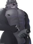  2021 abs anthro balls bodily_fluids canid canine canis cum cum_on_hand erection genital_fluids genitals hi_res humanoid_genitalia humanoid_penis jayjay_(artist) looking_at_viewer low-angle_view male mammal muscular muscular_anthro muscular_male navel nipples nude pecs penis simple_background smile solo standing white_background wolf 