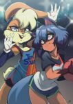  2girls animal_ears ball basketball basketball_uniform blue_eyes blue_hair brand_new_animal bunny_ears bunny_tail crossover delux_drawings furry highres holding holding_ball kagemori_michiru lola_bunny looney_tunes multiple_girls rabbit_girl raccoon_ears raccoon_girl raccoon_tail shirt short_shorts shorts space_jam space_jam:_a_new_legacy sportswear sweat tail 