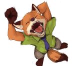  2021 absurd_res anthro bottomwear brown_body brown_fur canid canine clothing disney eyes_closed fangs fox fur gloves_(marking) hi_res high-angle_view male mammal markings necktie nick_wilde open_mouth orange_body orange_fur pants piberius_w red_fox shirt simple_background solo stretching teeth tongue topwear white_background yawn zootopia 