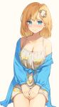 1girl bangs bare_shoulders blonde_hair blue_eyes blue_jacket blush breasts cleavage closed_mouth collarbone dress eyebrows_visible_through_hair frown gear_hair_ornament hair_ornament hololive hololive_english jacket kangbus lemon_print long_sleeves looking_at_viewer medium_breasts monocle_hair_ornament off_shoulder open_clothes open_jacket own_hands_together print_dress short_hair simple_background sitting solo sundress virtual_youtuber watson_amelia white_background white_dress 