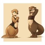  2021 absurd_res anthro border bottomless brown_body brown_fur clothed clothing duo featureless_crotch female fur green_eyes hi_res looking_at_another louart lutrine mammal mustelid signature smile standing swimwear white_border 