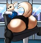  2021 absurd_res aggressive_retsuko anthro big_breasts big_butt black_eyes black_nose black_sclera breasts butt canid canine chair city cityscape clothed clothing detailed_background female fennec fenneko fox furniture hi_res huge_butt inner_ear_fluff inside legwear looking_at_viewer mammal nathanatwar panties rear_view sanrio shirt sitting smile solo stockings straddling thigh_highs topwear tuft underwear vest window 