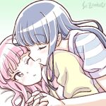  2girls artist_name blue_hair blush closed_eyes holding_hands interlocked_fingers long_hair lying magia_record:_mahou_shoujo_madoka_magica_gaiden mahou_shoujo_madoka_magica multiple_girls nanami_yachiyo on_person one_eye_closed open_mouth pink_hair studiozombie tamaki_iroha yuri 