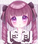  1girl :o bangs black_bow black_dress blush bow brown_hair commentary_request dress eyebrows_visible_through_hair hair_bow hand_up heart heart_in_eye highres himetsuki_luna long_hair long_sleeves looking_at_viewer original parted_lips puffy_long_sleeves puffy_sleeves purple_eyes ringlets signature sleeves_past_wrists solo striped striped_background symbol_in_eye twintails twitter_username vertical_stripes 