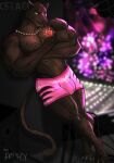  2021 anthro backstage bottomwear bulge clothing crossed_arms disney felid hi_res jewelry leaning_on_wall male mammal mr._frenzy muscular muscular_anthro muscular_male necklace pantherine pecs shorts solo standing tattoo zootopia zootopia_shorts 