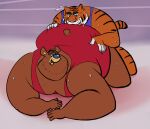  2020 anthro bodily_fluids brown_body brown_fur duo felid fur hi_res humanoid_hands licking male male/male mammal obese obese_male osos overweight overweight_male pantherine sweat tiger tongue tongue_out ursid wrestling wrestling_singlet 