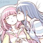  2girls artist_name blue_hair blush breasts cheek_kiss closed_eyes kiss long_hair lying magia_record:_mahou_shoujo_madoka_magica_gaiden mahou_shoujo_madoka_magica multiple_girls nanami_yachiyo on_back open_mouth pink_hair sleeping small_breasts studiozombie tamaki_iroha yuri 