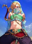  1boy arabian_clothes armlet blonde_hair blue_eyes bow_(weapon) circlet crossdressing detached_sleeves gerudo_set_(zelda) halterneck harem_pants highres link monza_(saeumon) mouth_veil navel official_alternate_costume otoko_no_ko pants sheikah_slate solo stomach sword sword_behind_back the_legend_of_zelda the_legend_of_zelda:_breath_of_the_wild toned toned_male veil weapon weapon_on_back 