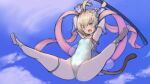  andira_(granblue_fantasy) animal_ears blonde_hair erune granblue_fantasy highleg highleg_swimsuit highres johan_(johan13) midair monkey_ears monkey_girl monkey_tail red_eyes spread_legs swimsuit tail 