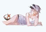  1girl arknights bare_arms bare_legs bra_strap breasts cleavage cropped_legs dragon_horns dragon_tail feet_out_of_frame highres horns llmia4 long_hair looking_at_viewer lying on_side orange_eyes orange_nails saria_(arknights) shadow shirt shorts simple_background solo tail white_background white_hair white_shirt 