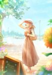  1girl alternate_costume bag blue_sky brown_dress dress fio_germi flower glasses hat highres long_dress long_hair metal_slug orange_eyes orange_hair outdoors round_eyewear sasisage shoulder_bag sky sleeveless sleeveless_dress smile sun_hat sunflower tree white_headwear 