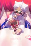  1boy blue_hair blush buttons captain_nemo_(fate) cis05 cup dessert eating fate/grand_order fate_(series) food glass gradient_hair green_eyes hat_feather ice_cream jacket light_brown_hair long_hair long_sleeves looking_at_viewer multicolored_hair open_mouth parfait spoon thighs turban two-tone_hair white_headwear white_jacket 