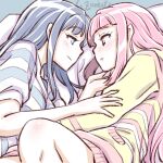  2girls artist_name blue_hair blush eye_contact hand_on_another&#039;s_arm long_hair looking_at_another lying magia_record:_mahou_shoujo_madoka_magica_gaiden mahou_shoujo_madoka_magica multiple_girls nanami_yachiyo on_bed on_side pink_hair studiozombie tamaki_iroha yuri 