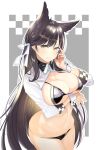  1girl animal_ears atago_(azur_lane) atago_(stunning_speedster)_(azur_lane) azur_lane bikini black_bikini black_hair blush breast_hold breasts checkered cleavage closed_mouth commentary cowboy_shot eyebrows_visible_through_hair grey_background groin hair_between_eyes hair_ribbon highres large_breasts logo long_hair long_sleeves looking_at_viewer mole mole_under_eye navel official_alternate_costume outline race_queen ribbon shrug_(clothing) simple_background smile solo stomach string_bikini swimsuit very_long_hair white_background white_ribbon wing_collar wrist_cuffs xiaoxiao_de_kuangsan yellow_eyes 