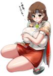  1girl blouse blush breasts brown_eyes brown_hair chiyoda_(kancolle) hakama_pants hand_on_own_chest headband huge_breasts japanese_clothes kanji kantai_collection kimono kneeling looking_at_viewer open_mouth perepere-kun sandals white_background white_blouse yukata 