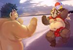  2021 anthro balls_outline beach belly brown_body brown_fur bulge canid canine chubby_protagonist_(tas) detailed_background duo eyes_closed fur genital_outline goemon_(tas) humanoid_hands kemono male mammal nekomarudon overweight overweight_male penis_outline protagonist_(tas) raccoon_dog seaside tanuki tanukimaru tokyo_afterschool_summoners video_games water 