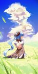  1girl absurdres ahoge back backless_outfit bare_shoulders blue_hair blue_sky cloud day detached_sleeves expressionless ganyu_(genshin_impact) genshin_impact goat_horns grass highres horns long_hair long_sleeves looking_away looking_to_the_side low_ponytail meadow outdoors profile shoulder_blades sky solo standing sunlight very_long_hair w.k wavy_hair 