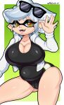  absurd_res belly big_breasts breasts camel_toe cephalopod cleavage clothed clothing curvy_figure female green_background hi_res huge_breasts inkling looking_at_viewer marie_(splatoon) marine mehdrawings mollusk narrowed_eyes nintendo one-piece_swimsuit open_mouth open_smile sharp_teeth simple_background slightly_chubby smile solo splatoon swimwear teeth video_games voluptuous wide_hips yellow_eyes 