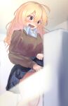  1girl @_@ ahoge bangs bathroom blonde_hair blue_skirt blurry blurry_foreground blush breasts brown_sweater buttons censored collared_shirt commentary_request embarrassed eyebrows_visible_through_hair highres indoors lifted_by_self light_censor long_hair long_sleeves looking_down medium_breasts miniskirt no_panties nose_blush open_mouth original plaid plaid_skirt pleated_skirt purple_eyes school_uniform shiny shiny_hair shirt sidelocks skirt skirt_lift solo standing sweater tears toilet_use translated urinal v-shaped_eyebrows watakarashi wavy_mouth white_shirt 