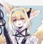  1girl :d animal_ear_fluff animal_ears arknights bangs bare_shoulders black_gloves blonde_hair blue_background blue_hairband braid brown_eyes commentary_request eyebrows_visible_through_hair fox_ears fox_girl fox_tail gloves grey_background hair_between_eyes hair_rings hairband hand_up highres kitsune looking_at_viewer multicolored_hair open_mouth ruchita shirt signature smile solo suzuran_(arknights) tail tail_raised twin_braids two-tone_background two-tone_hair white_hair white_shirt 