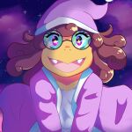  anonymous_artist anthro brown_hair clothed clothing cloud eyelashes eyewear fan_character female flying glasses hair hat headgear headwear hi_res koopa madeleine_(paper_mario) magikoopa mario_bros night nintendo open_mouth paper_mario scalie sky smile solo star starry_sky video_games 