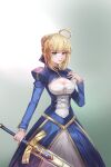  1girl ahoge artoria_pendragon_(all) blonde_hair blue_ribbon breasts cleavage_cutout clothing_cutout excalibur_(fate/stay_night) fate/stay_night fate_(series) green_eyes hair_bun hair_ribbon holding holding_weapon juliet_sleeves long_sleeves medium_breasts nayamer puffy_sleeves ribbon saber solo sword weapon 