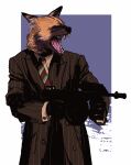  5_fingers african_wild_dog anthro biped black_body black_fur black_nose canid canine clothed clothing coat dress_shirt fingers fully_clothed fur gloves gun handwear holding_gun holding_object holding_weapon looking_aside male mammal necktie nikolaspascal open_mouth orange_body orange_fur pattern_clothing ranged_weapon shirt solo standing striped_clothing stripes submachine_gun suit teeth thompson_gun tongue topwear weapon 