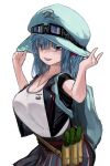  1girl :d alternate_costume black_shirt blue_eyes blue_hair blue_headwear commentary_request cucumber food goggles goggles_on_headwear hat highres jewelry kappa kawashiro_nitori looking_at_viewer medium_hair necklace okbnkn open_mouth shirt short_sleeves simple_background smile solo touhou vegetable white_background white_shirt 