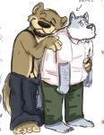  2008 anthro bottomwear brown_body brown_fur canid canine clothing duo eyes_closed fur hug hugging_from_behind male mammal mustard_(artist) overweight overweight_male pants shirt topwear ursid white_body white_fur 