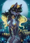  2021 anthro areola black_nose breasts canid canine detailed_background digital_media_(artwork) eyebrows eyelashes female fur grey_body grey_fur looking_at_viewer mammal moon night nipples nude outside sky sorafoxyteils yellow_eyes 