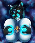  2021 anthro areola big_breasts blue_eyes breasts canid canine canis destruction female furrypur glowing glowing_eyes hi_res huge_breasts mammal nipples planet solo space tongue tongue_out wolf ych_result 