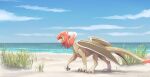  2021 3_toes beach claws day detailed_background digital_media_(artwork) dragon eyebrows eyelashes feet female feral hair hi_res horn icelectricspyro membrane_(anatomy) membranous_wings outside sand scalie seaside shoreline sky smile solo toes water western_dragon wings 