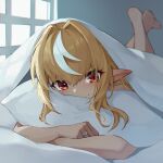  1girl absurdres bangs bare_shoulders barefoot bed bed_sheet blonde_hair dark_elf dark_skin dark_skinned_female dre elf feet_up hair_between_eyes highlights highres hololive jewelry long_hair looking_at_viewer lying multicolored_hair on_bed pillow pillow_hug pointy_ears red_eyes ring shiranui_flare smile solo sunlight under_covers virtual_youtuber window 