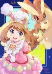  1girl :d absurdres animal_ears breasts brown_hair bunny_ears closed_mouth dress easter etsuko_pkmn fake_animal_ears gen_4_pokemon grey_eyes hairband happy_easter highres lopunny may_(pokemon) open_mouth pink_dress pokemon pokemon_(creature) pokemon_(game) pokemon_masters_ex short_sleeves smile yellow_hairband 