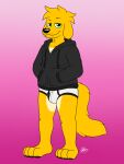  anthro bird_dog briefs canid canine canis clothing doggettdouglasmcdog domestic_dog feet fur golden_retriever green_eyes hi_res hoodie hoodie/briefs_meme hunting_dog looking_at_viewer male mammal pawpads retriever simple_background solo standing toes topwear underwear yellow_body yellow_fur 