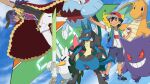  2boys :3 ash_ketchum baseball_cap closed_mouth dracovish dragon dragonite gen_1_pokemon gen_4_pokemon gen_8_pokemon gengar ghost grin hat highres holding holding_poke_ball leon_(pokemon) lucario multiple_boys official_art on_shoulder pikachu poke_ball poke_ball_(basic) pokemon pokemon_(anime) pokemon_(creature) pokemon_on_shoulder pokemon_swsh_(anime) screencap shield shoes shorts sirfetch&#039;d smile sneakers 