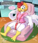  2021 3_toes absurd_res anthro avian beak bird blue_eyes blush breasts bunnykisses carseat chair chicken clothing detailed_background dialogue diaper diaper_fetish digital_media_(artwork) embarrassed english_text eto_rangers eyelashes feathers feet female fingers furniture galliform gallus_(genus) hair harness hi_res locked multicolored_hair non-mammal_breasts one_eye_obstructed open_mouth orange_hair phasianid pink_clothing pink_shirt pink_topwear red_hair scutes shirt short_hair sitting speech_bubble tart_(eto_rangers) text toes topwear unseen_character white_body white_feathers yellow_beak 