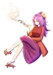  1girl absurdres blowing_smoke closed_fan fan folding_fan geta highres holding holding_fan holding_pipe japanese_clothes kimono kiseru komakusa_sannyo long_hair looking_at_viewer pipe purple_hair purple_skirt red_eyes red_kimono red_robe ribbon sandals sharkudon shoes simple_background skirt smile smoke smoking socks solo tobacco touhou yellow_ribbon 