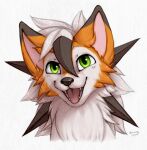  2021 ambiguous_gender bloominglynx canid canine cheek_tuft chest_tuft dusk_lycanroc facial_tuft fangs feral front_view green_eyes hi_res lycanroc mammal nintendo open_mouth pok&eacute;mon pok&eacute;mon_(species) simple_background solo teeth tongue tuft video_games white_background 