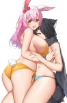  2girls :d absurdres animal_ears ass asymmetrical_docking bikini black_hair breast_press breasts bunny_ears bunny_girl bunny_tail cat_ears cat_tail character_request copyright_request grey_eyes highres large_breasts long_hair multiple_girls open_mouth pink_hair scarf side-tie_bikini smile suruga_(xsurugax) swimsuit tail yellow_eyes 