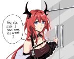  1girl ? arknights blue_eyes english_text horns long_hair meme parody red_hair refrigerator solo suprii surtr_(arknights) 