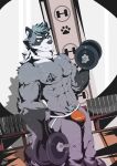  2020 abs absurd_res anthro arebeano bodily_fluids brandon_(rxccoon) bulge clothing dumbbell dutch_angle exercise hair hi_res inside jockstrap male mammal muscular muscular_anthro muscular_male pecs procyonid raccoon solo standing sweat tattoo underwear weightlifting weights workout 