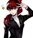  1girl bangs black_jacket buttons commentary english_commentary eyebrows_visible_through_hair hair_between_eyes hair_ribbon highres jacket lips long_hair looking_at_viewer parted_lips persona persona_5 persona_5_the_royal pertex_777 pink_lips ponytail red_eyes red_hair red_ribbon ribbon school_uniform shirt shuujin_academy_uniform simple_background solo star_(symbol) teeth uniform w wavy_hair white_background white_shirt yoshizawa_kasumi 