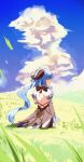  1girl ahoge back backless_outfit bare_shoulders blue_hair blue_sky cloud day detached_sleeves expressionless ganyu_(genshin_impact) genshin_impact goat_horns grass highres horns long_hair long_sleeves looking_away looking_to_the_side low_ponytail meadow outdoors profile shoulder_blades sky solo standing sunlight very_long_hair w.k wavy_hair 