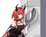  1girl arknights blue_eyes holding holding_spoon horns jacket long_hair meme oversized_object parody refrigerator smile solo spoon suprii surtr_(arknights) very_long_hair 